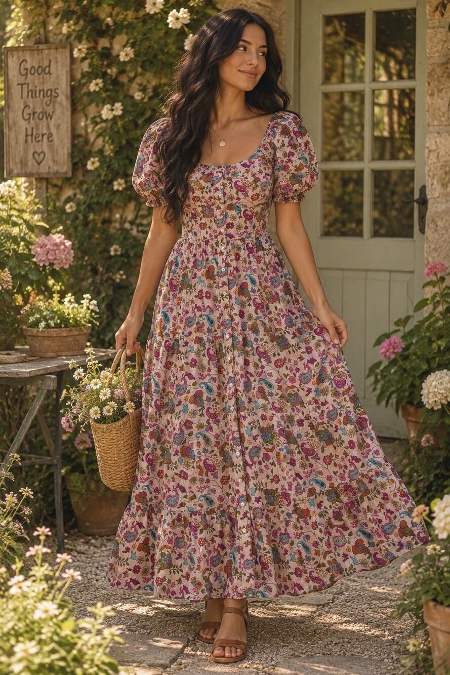 Natural Life Womens S Paisley Floral Puff Sleeve Maxi Dress Boho Cottagecore